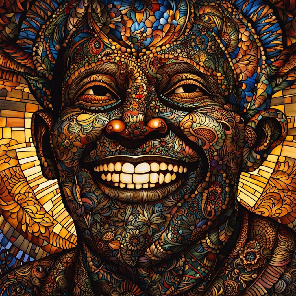 Intricate Ink Illustration: Balding Man Smiling in Sunlight