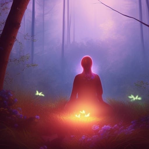 Firefly Night: Detailed Matte Painting of Woman in Forest