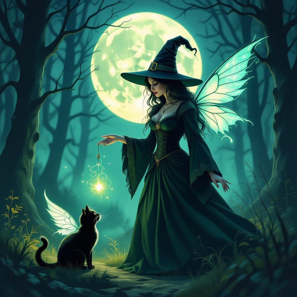 Witch Fairy Casting Spell in Moonlit Woodland