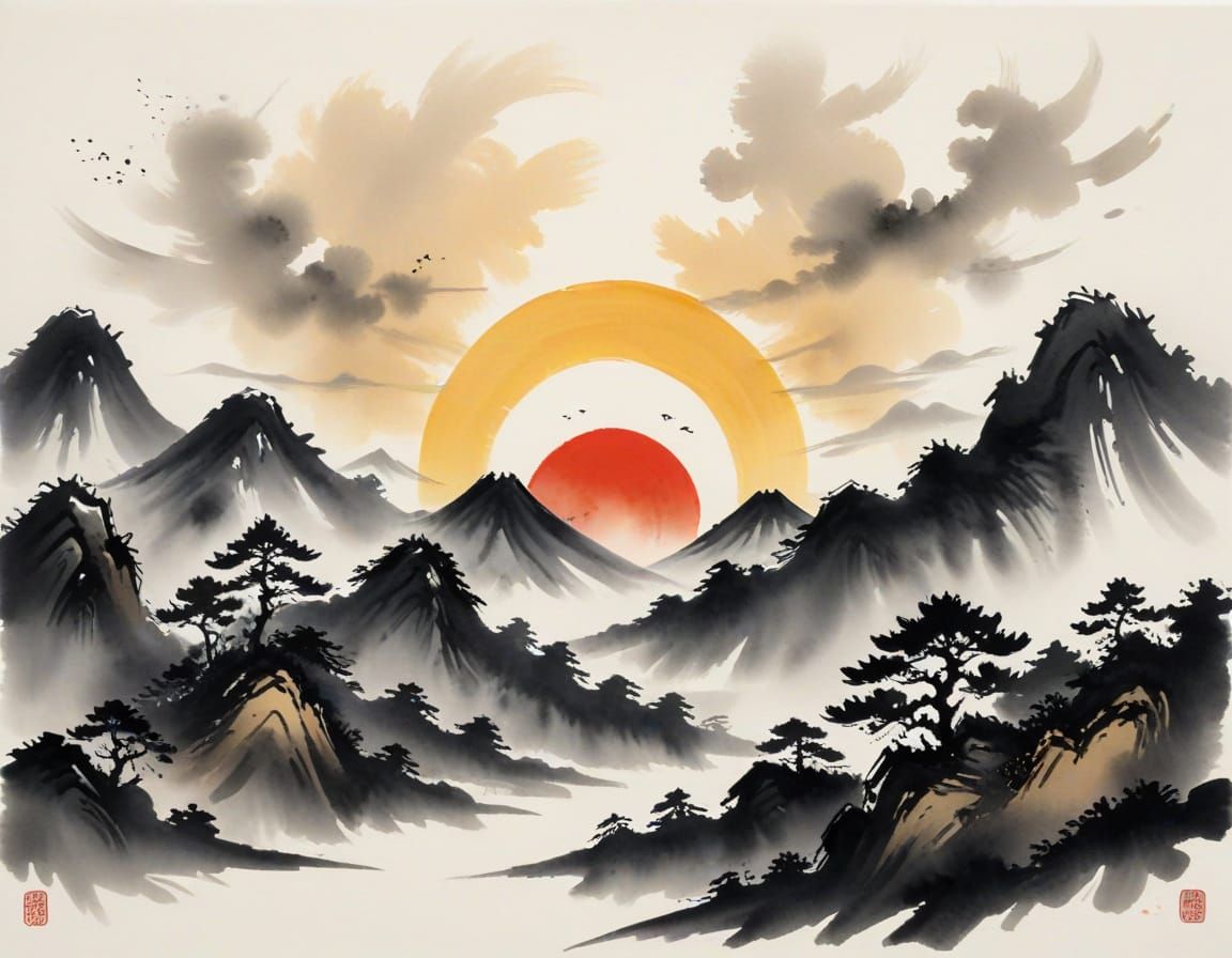 Japanese Mountain Landscape with Rising Sun in Sumi-e