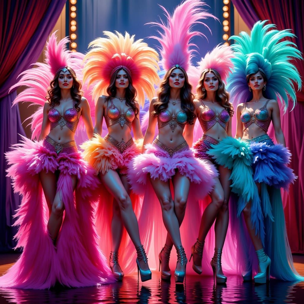 Las Vegas Showgirls Dancing in Wet Watercolor Style