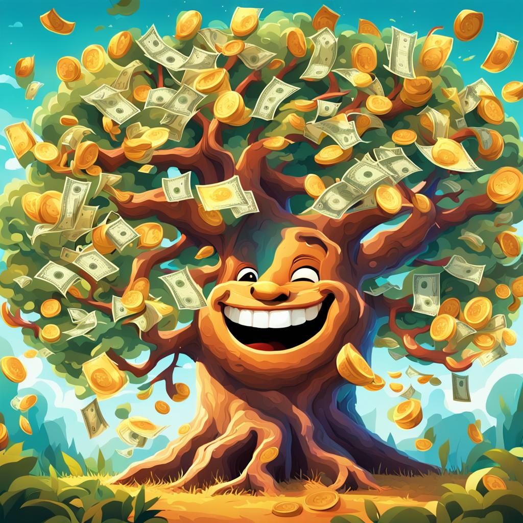 Money Tree with Smiling Trunk in Whimsical Style