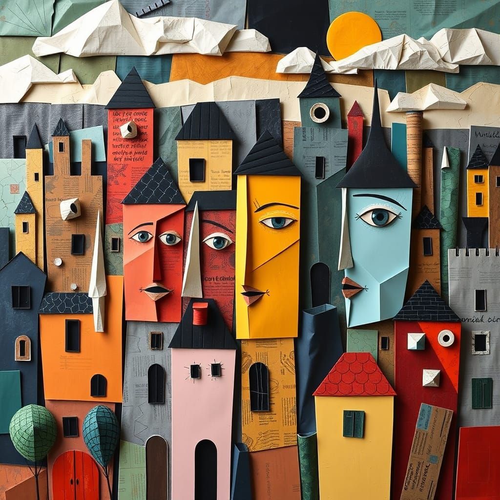 Cubist Cityscape with Facial Buildings in Collage Style