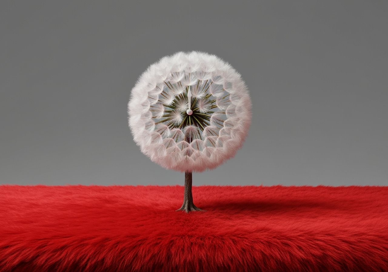 Surreal Dandelion Tree on Red Furry Ground
