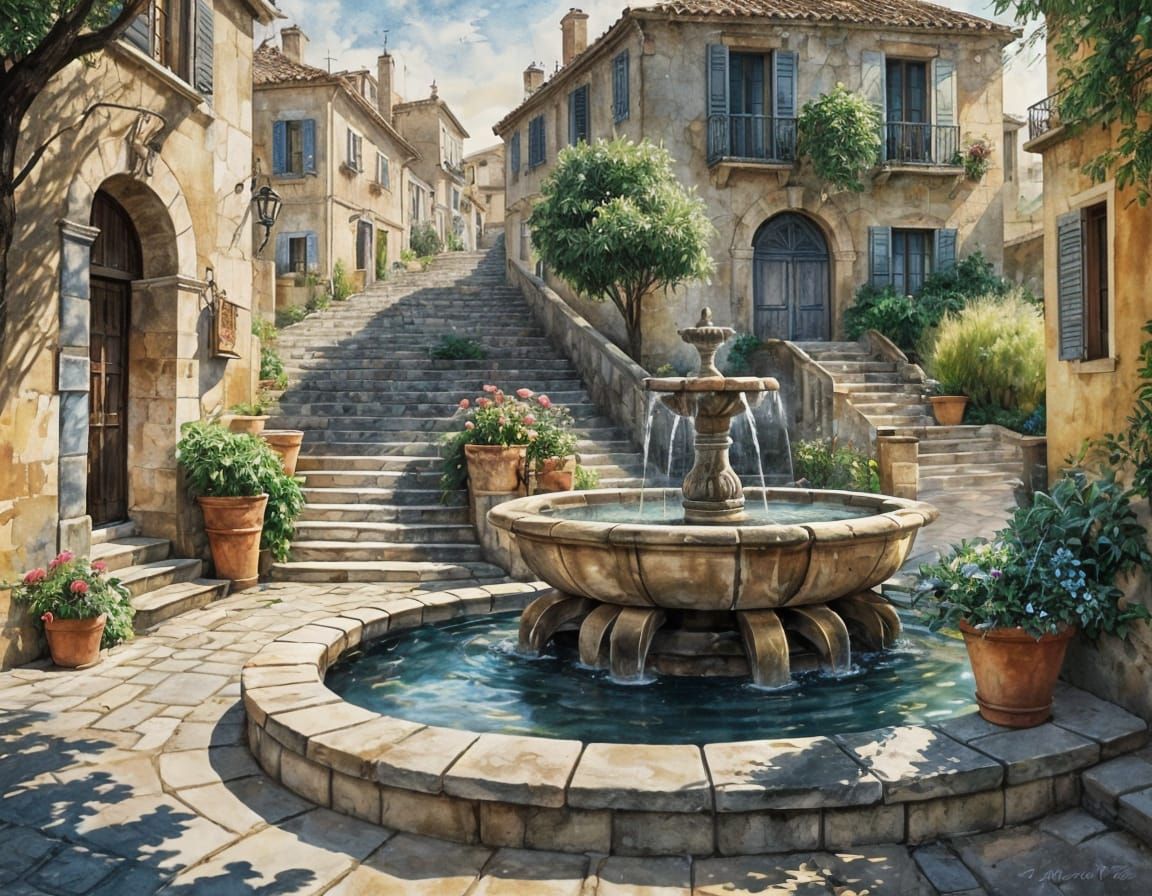 French Village Fountain in Bande Dessinée Style