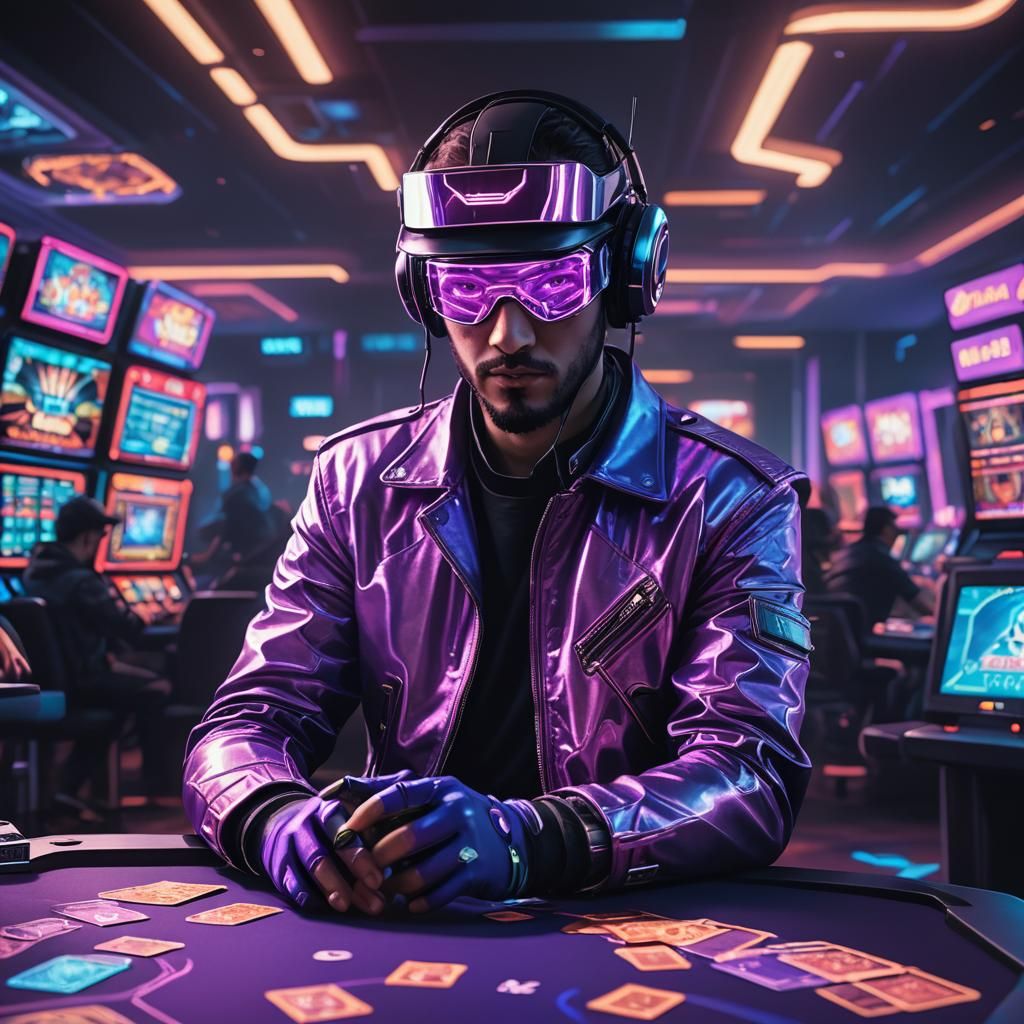 Cyberpunk Poker Player in Neon Casino