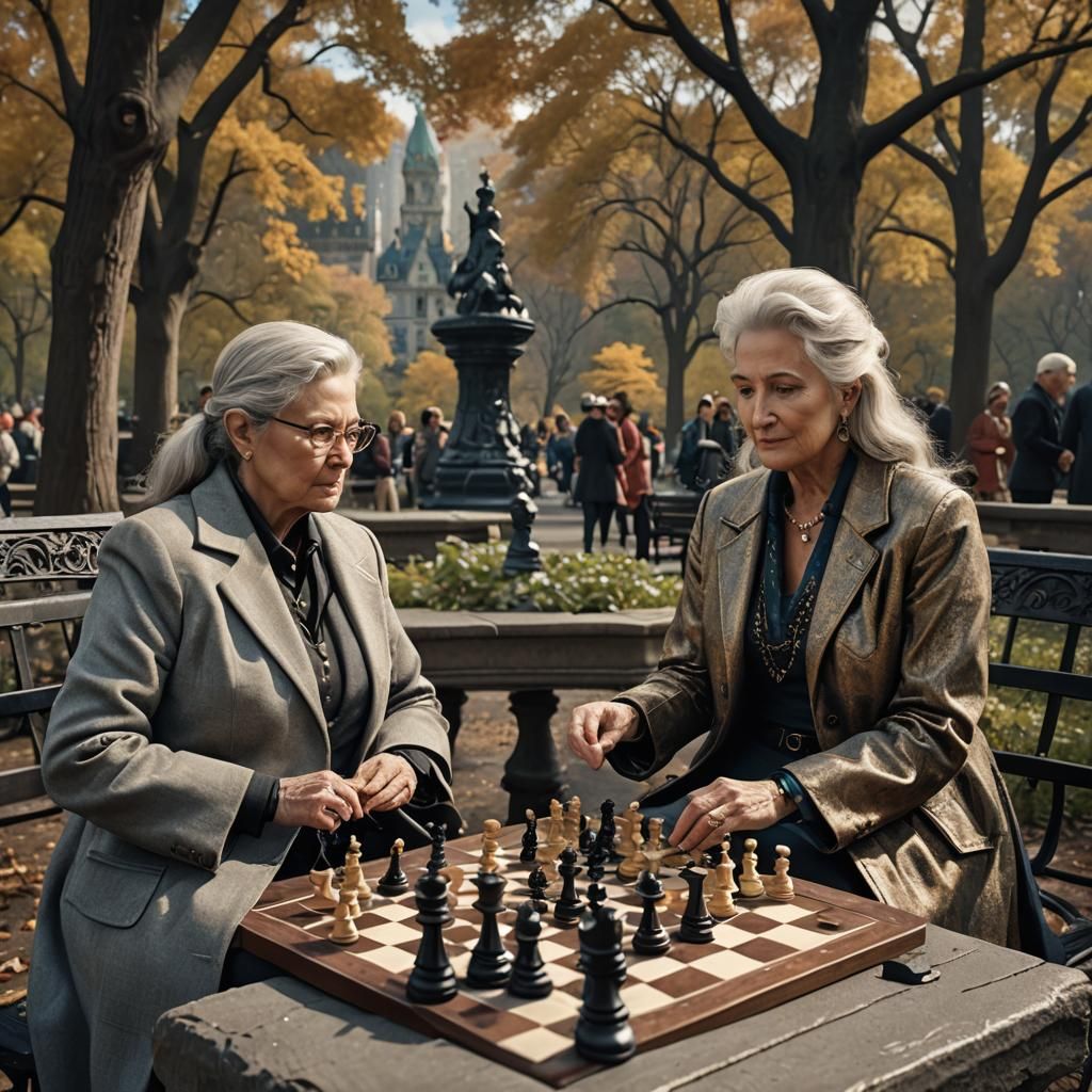 Women Playing Chess in Central Park: Digital Art