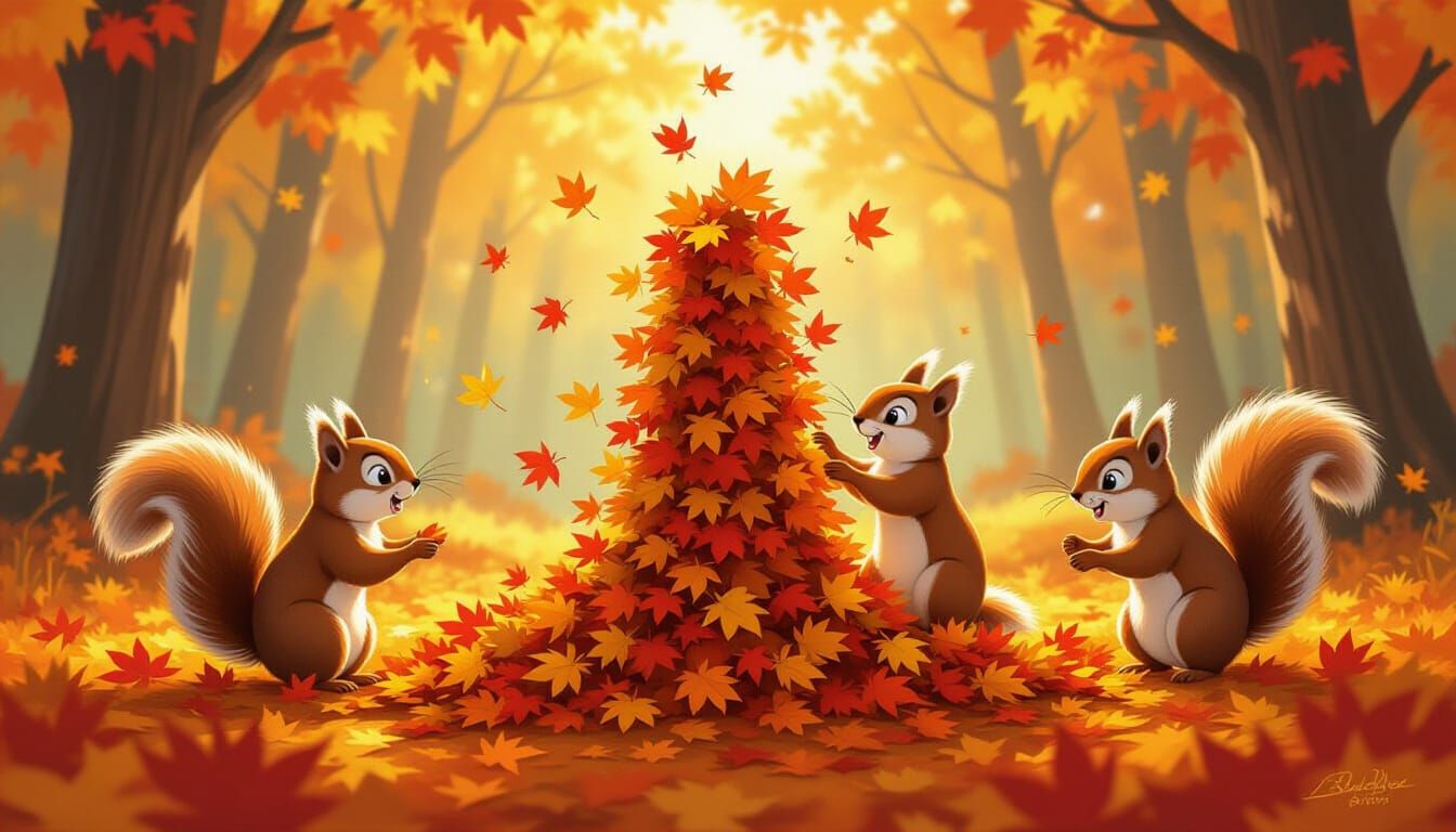 Mischievous Squirrels Gather Leaves in Sun-Dappled Forest