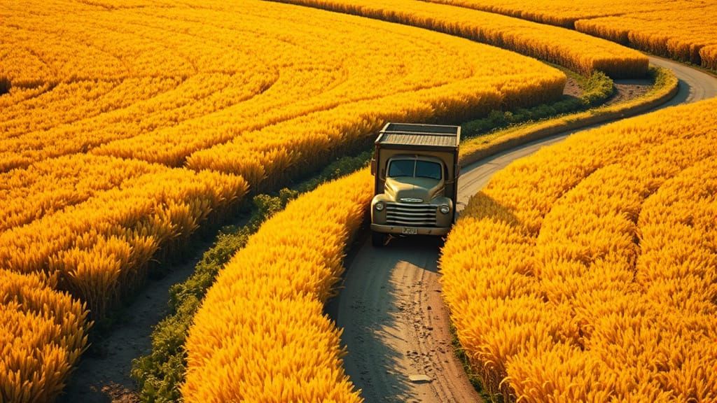 Vintage Truck Amidst Golden Barley Rice Field