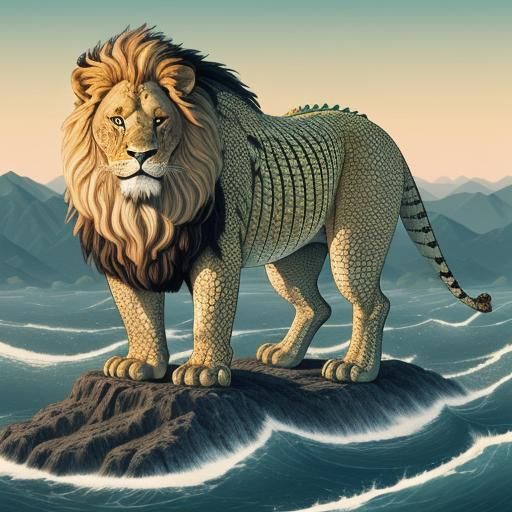 Lion-Crocodile Hybrid Climbs Mountain in Abstract Style