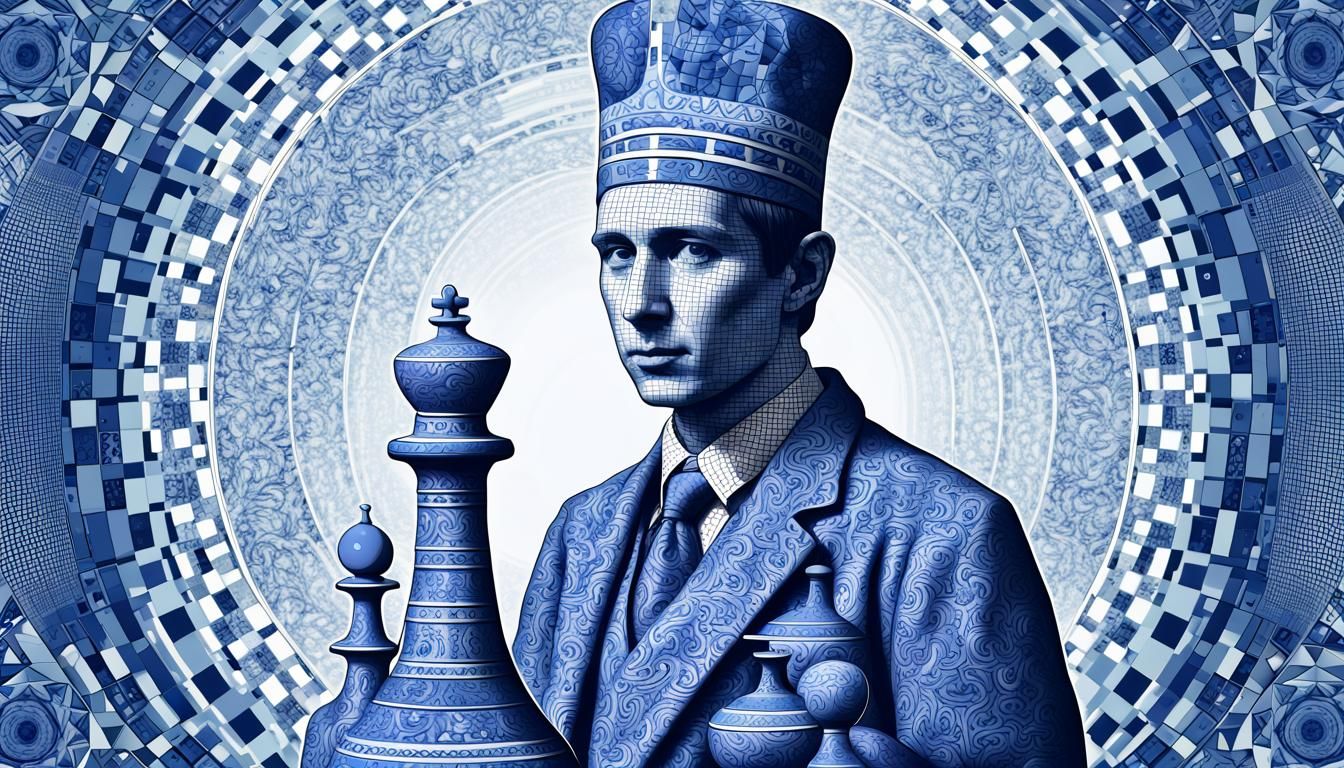 Bobby Fischer in Delft Blue Psychedelic Art Nouveau