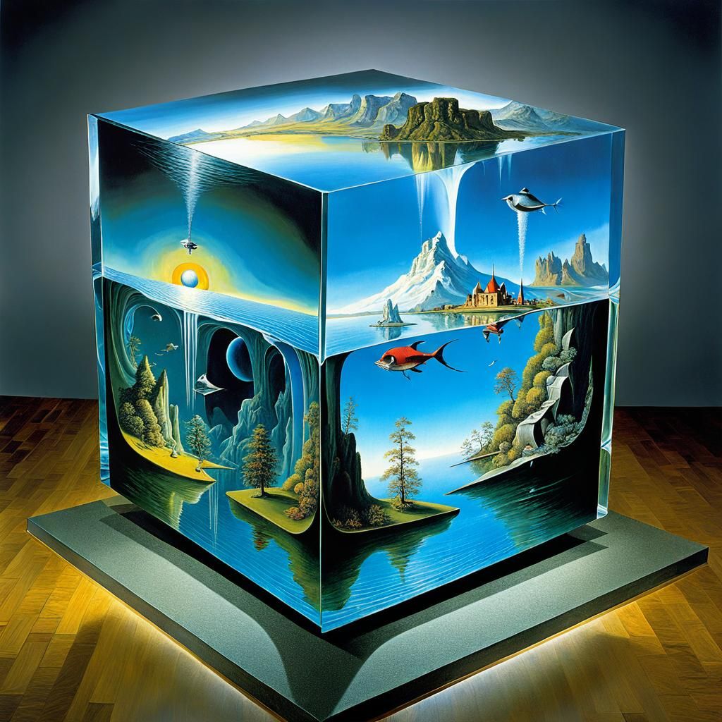 Surreal Cube Floating Above Water in Surrealist Style
