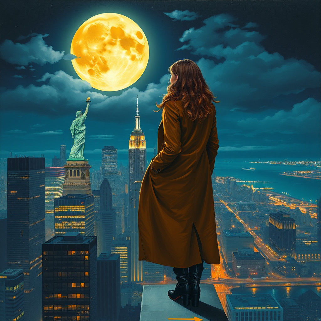 Una imagen surrealista de una mujer joven mirando la ciudad de New York y la estatua de la Libertad 🗽 Skyline...