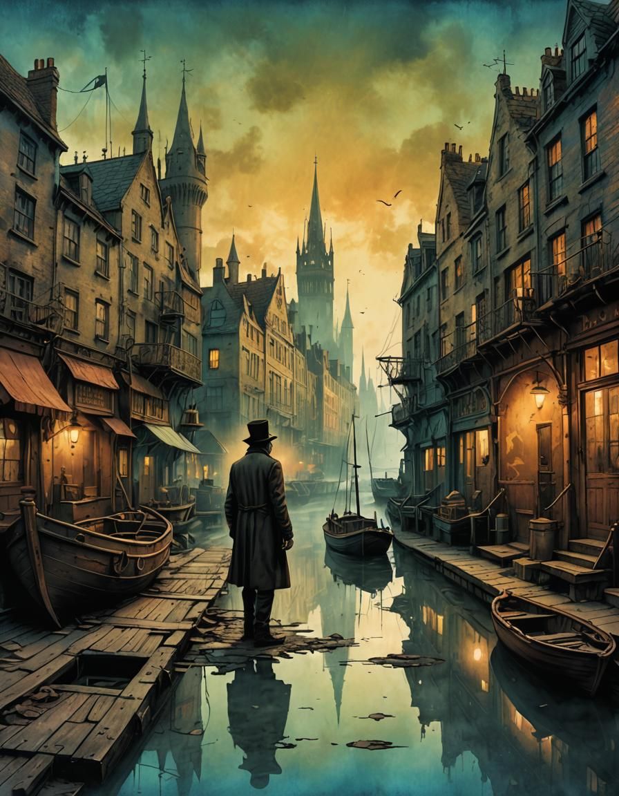 Magician on Thames in Steampunk Ink Painting