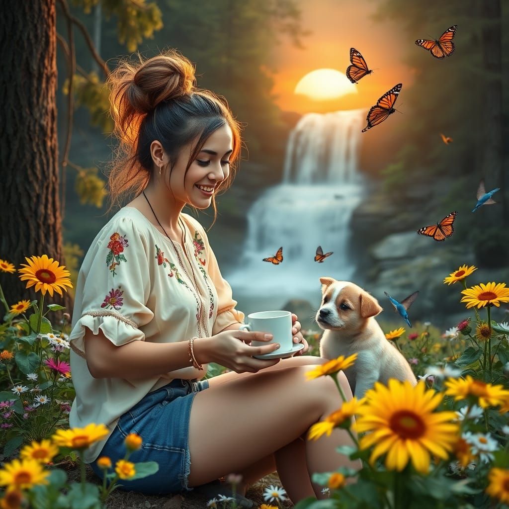 Hippie Woman's Forest Breakfast with Puppies