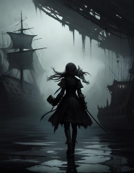 Resilient Girl Boards Eerie Ghost Ship: Dark Fantasy Portrai...