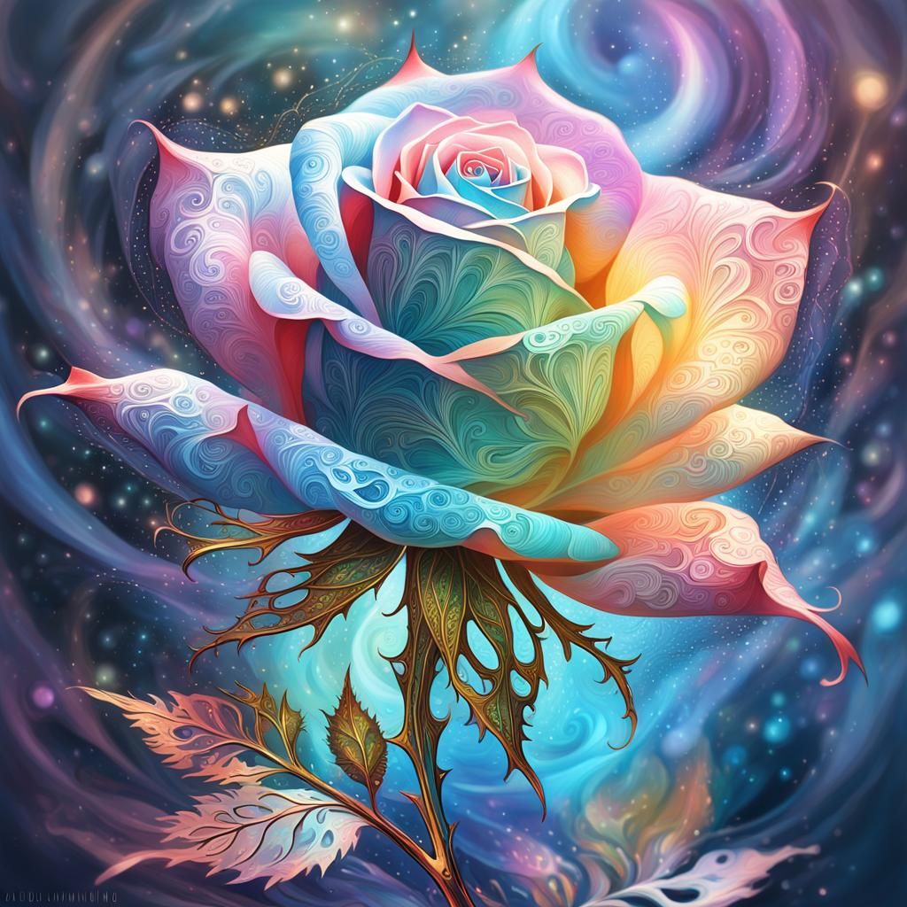 Filigree Fractal Rosebud in Cosmic Botanical Art