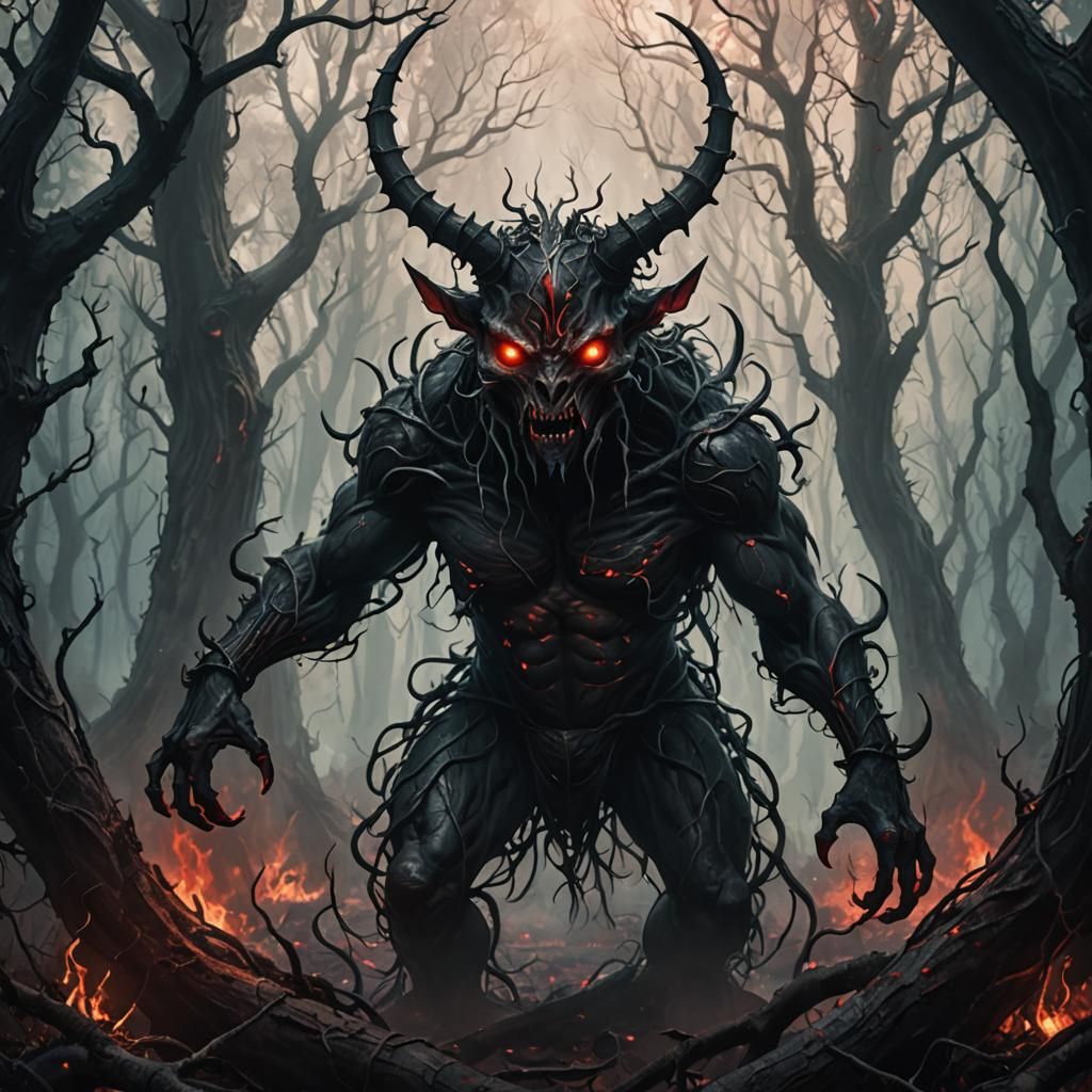 Demonic Hellgrammite in Mystical Dark Forest