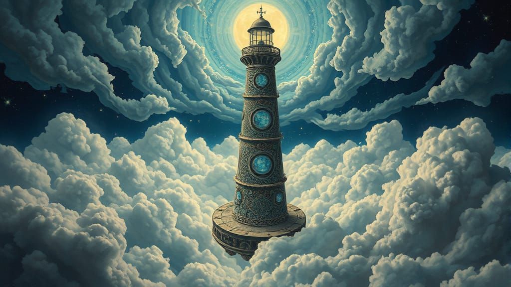 Ethereal Lighthouse in Sea of Clouds: Surreal Art