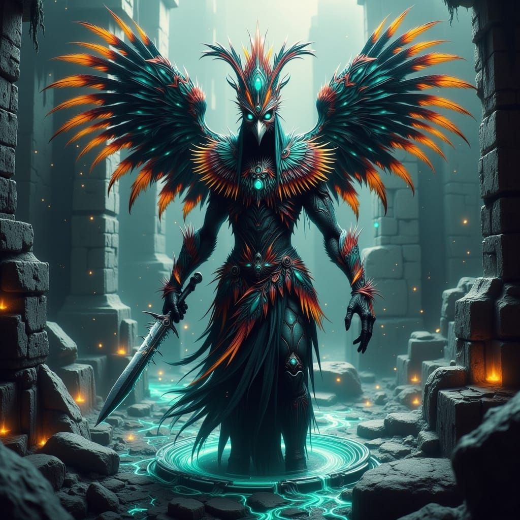 Majestic Quetzalcóatl-Inspired Warrior in Bio-Mechanical Arm...