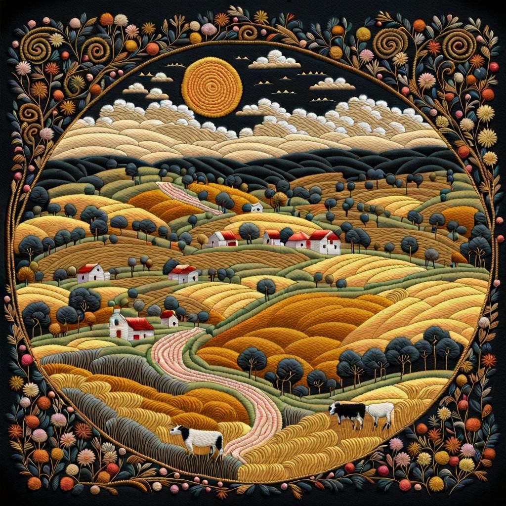 Embroidered Rural Landscape Map in Klimt Style