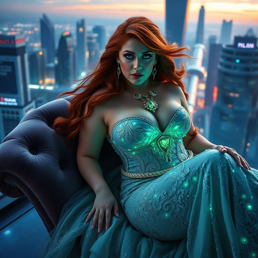 Glamorous Woman in Futuristic Cityscape, Digital Art