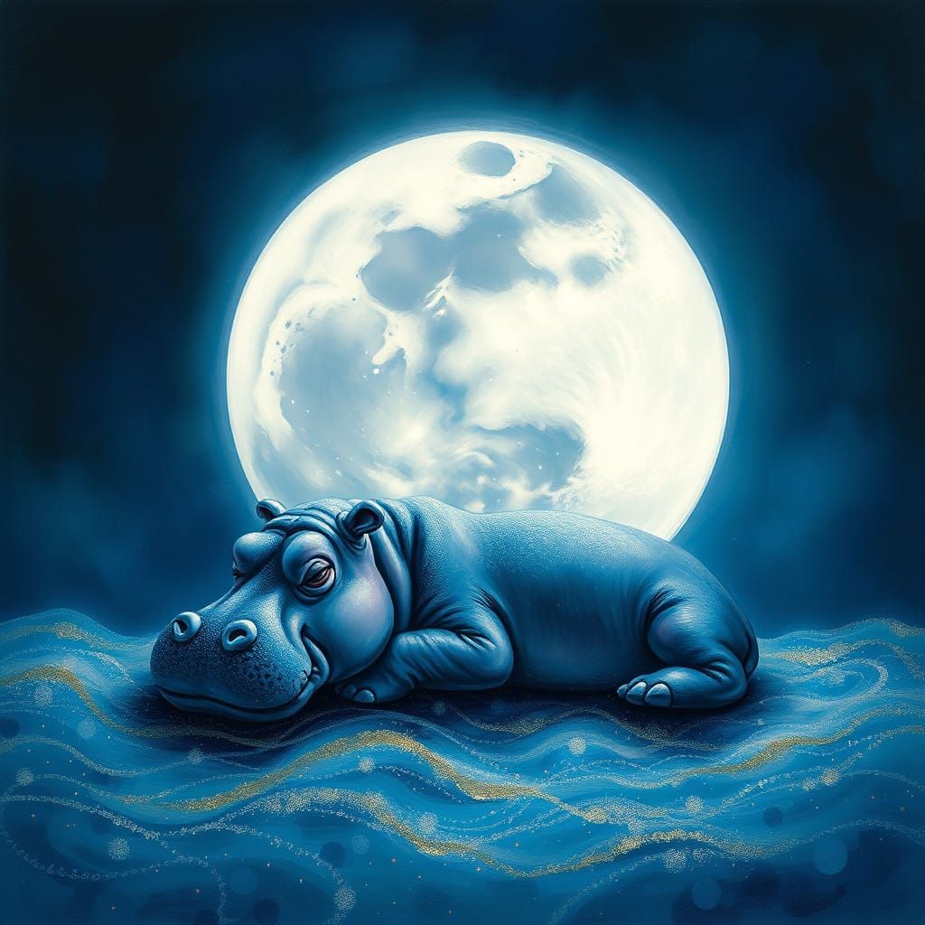 Hippo Sleeps Under Silver Moon in Surrealist Style