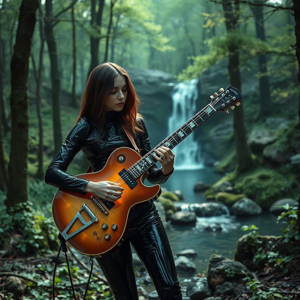 Surreal E-Guitarist in Misty Forest with Waterfall