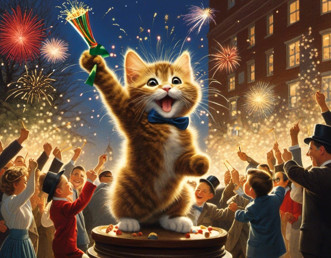 Happy New Year Cat Celebration in Rockwell Style