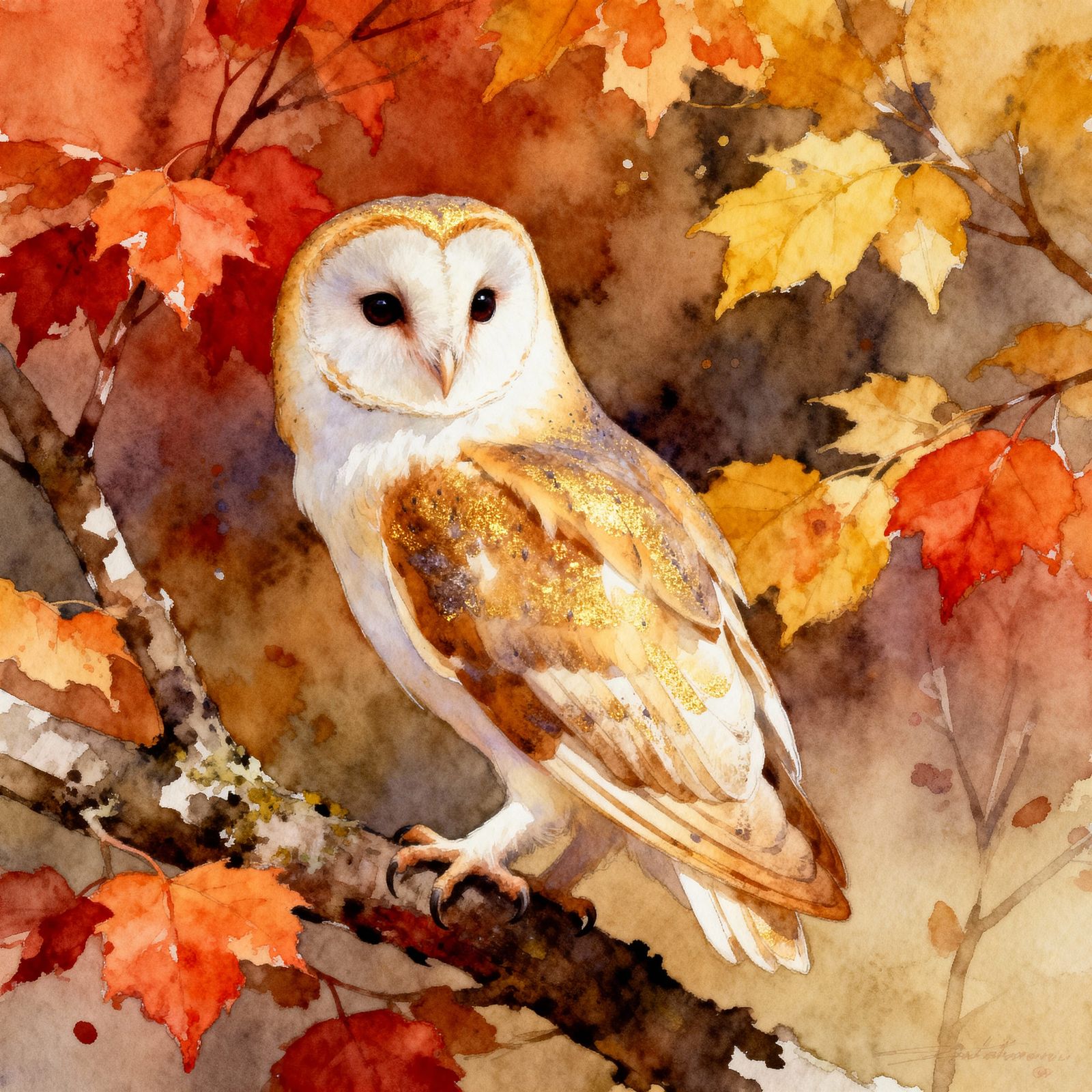 Realistic Watercolor Owl Perched on Autumn Branch
