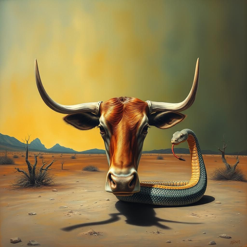 Surreal Mooing Cow Head in Deserted Plaza