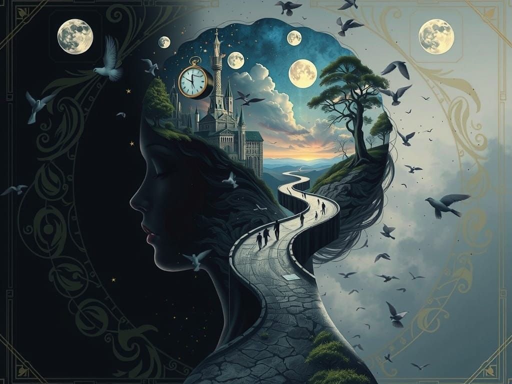 Surrealist Double Exposure with Dreamlike Female Profile and...