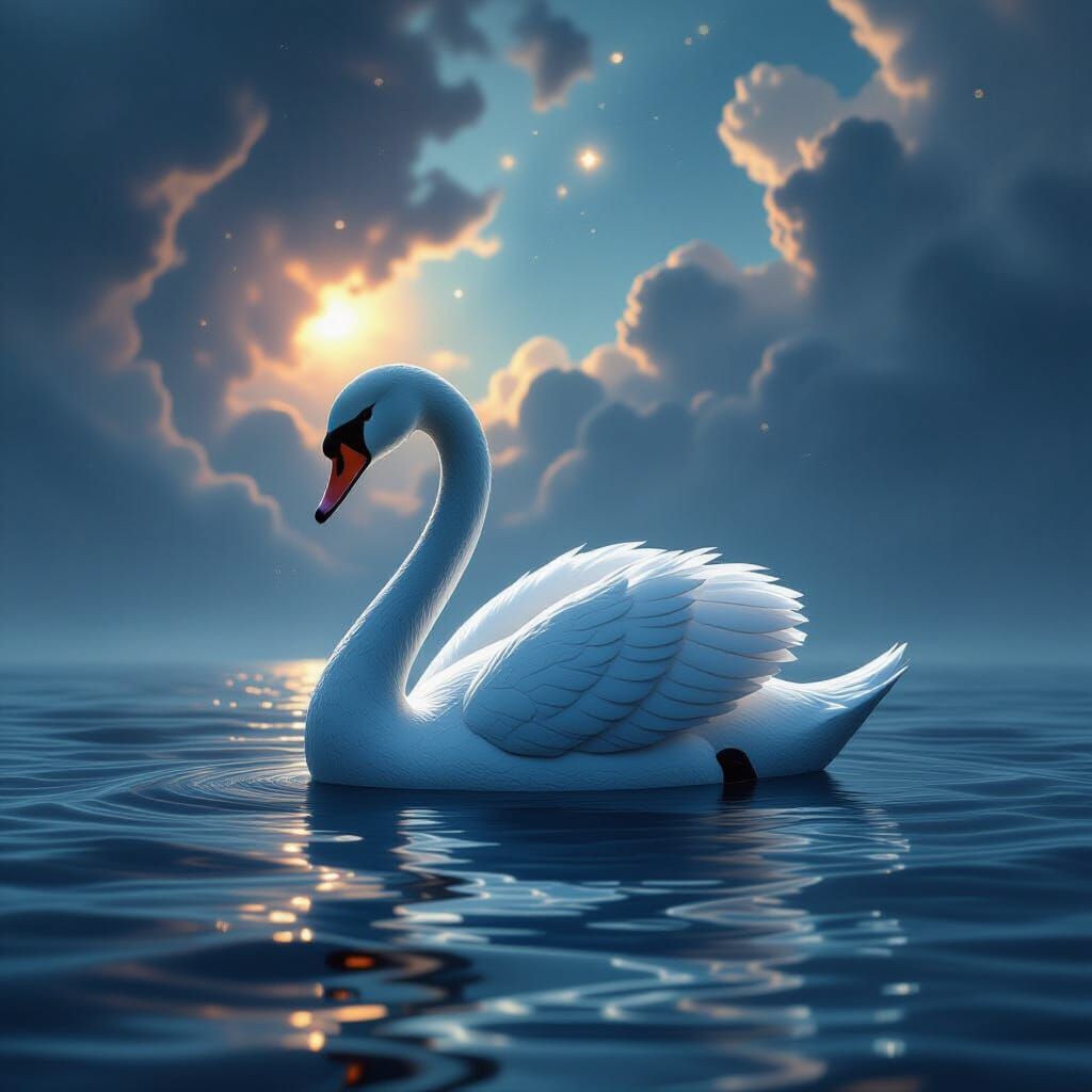 Melancholy Animatronic Swan in Cosmic Ocean
