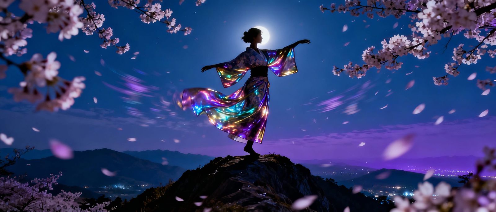 Japanese Woman in Reflective Kimono on Mountain Top at Night