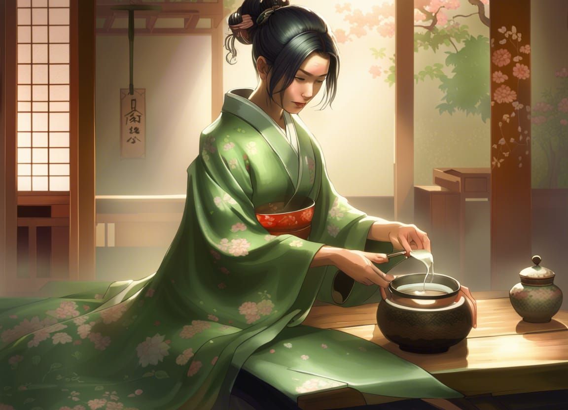 Japanese Tea Ceremony: Elaborate Kimono, Digital Art
