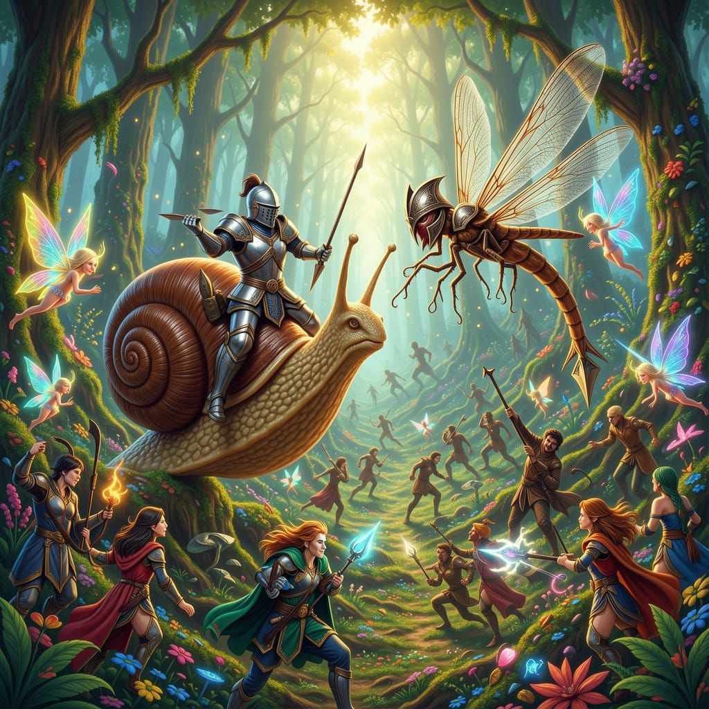 Epic Fantasy Battle: Armored Snail vs Dragonfly in Mythical ...