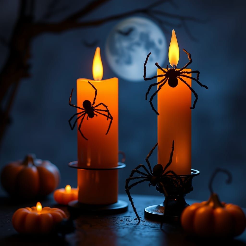 Halloween Candles and Spiders: Spooky Image