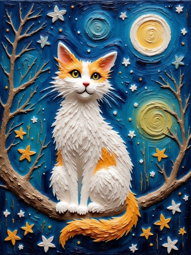 Whimsical White Calico Cat in a Vibrant Starry Night Sky