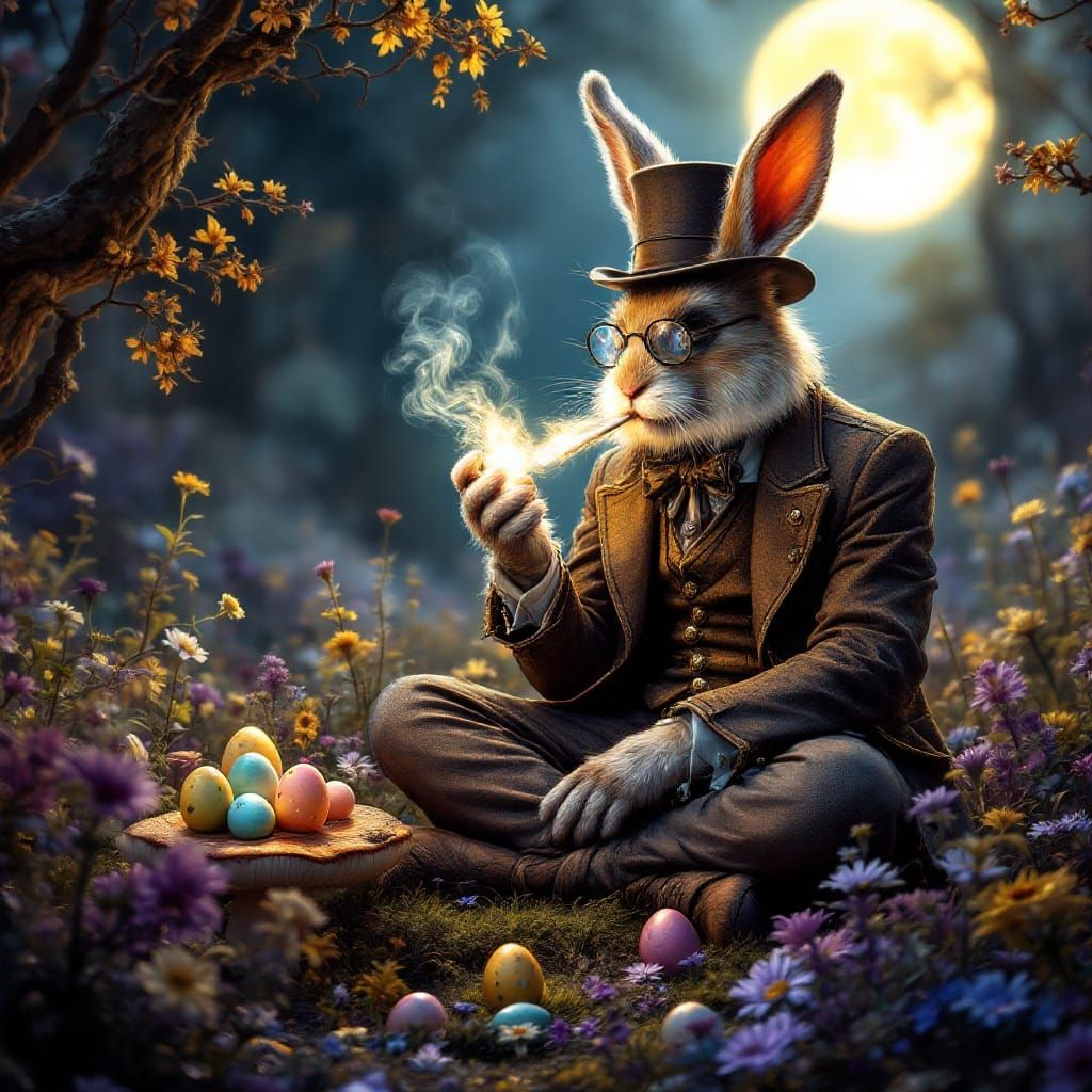 Easter Bunny Lost in a Lush, Moonlit Meadow