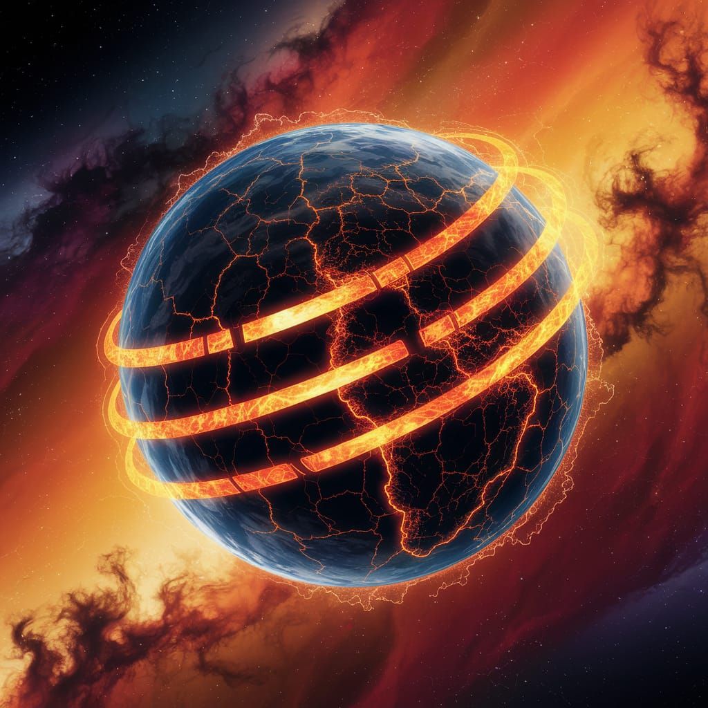 Fiery Earth Logo Amidst Cosmic Dust
