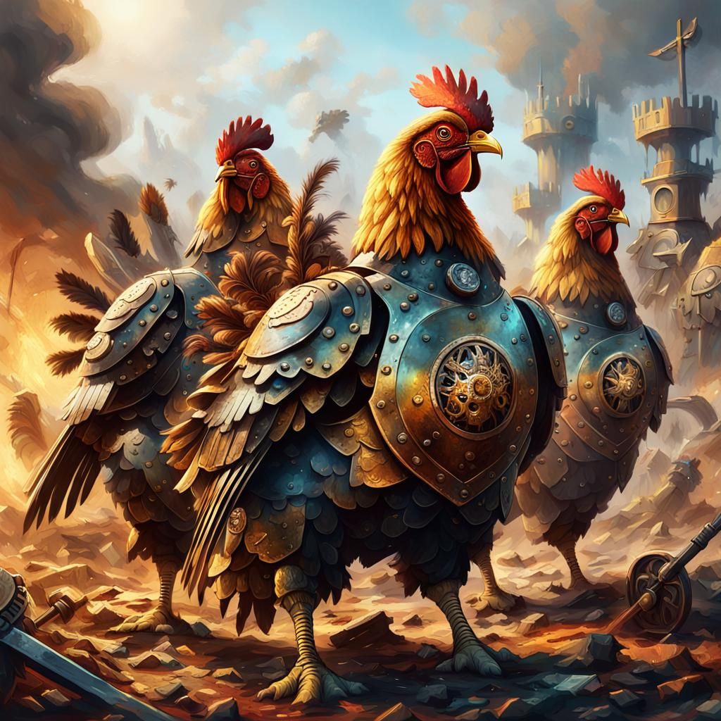 Armored Mechanical Chickens Clash on Battlefield in Oil Pain...