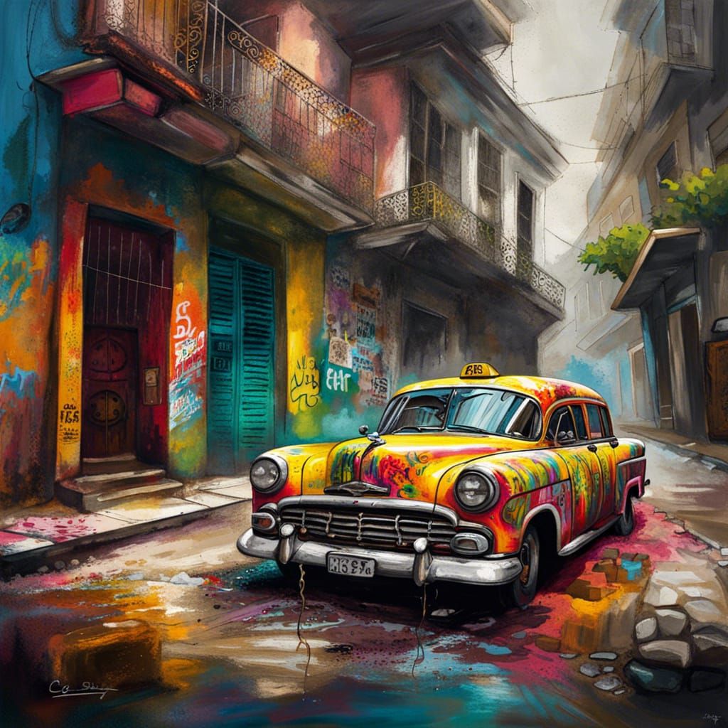 Colorful Cuban Taxi in Graffiti Art Style