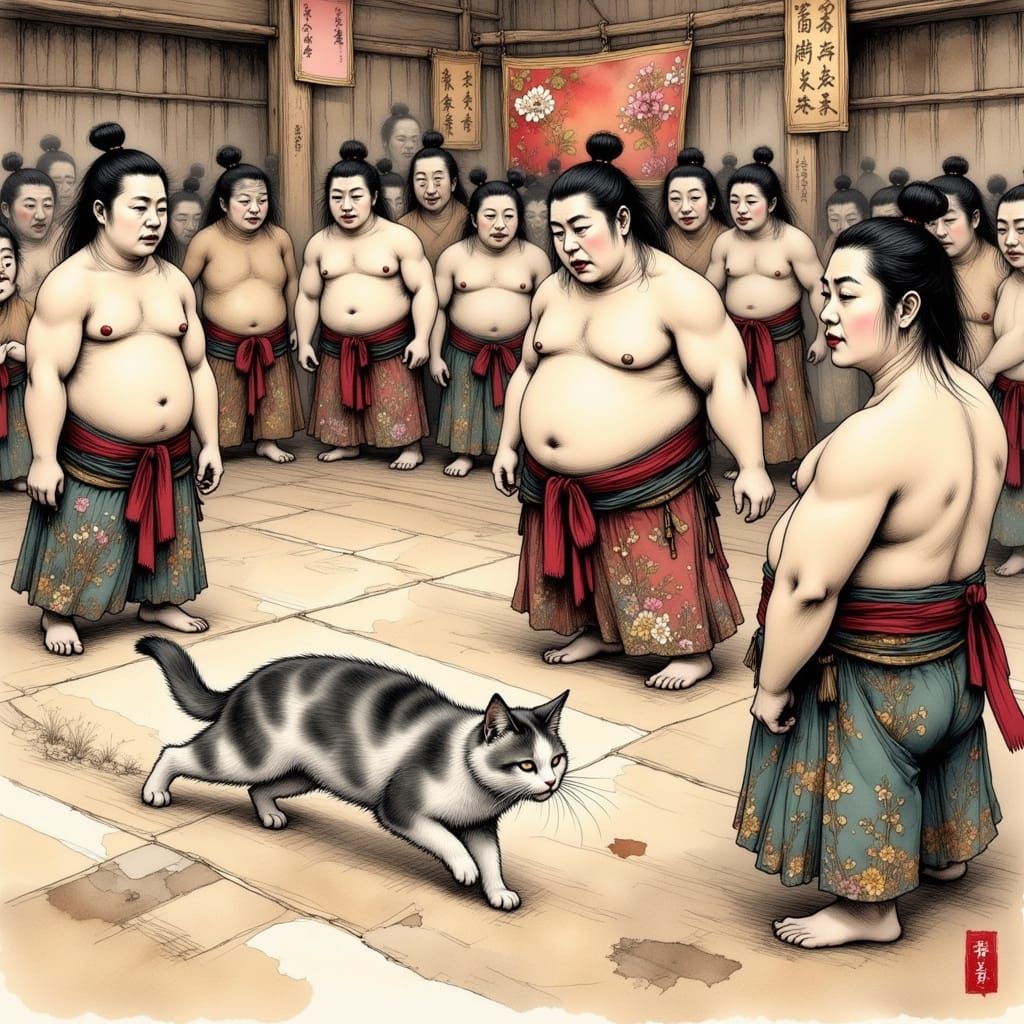 Majestic Cat Interrupts Sumo Match in Whimsical Japanese-Ins...