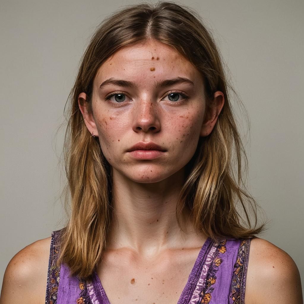 Realistic Portrait of Girl with Acne in Violet Dress