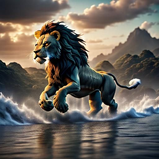Lion Running Through Water: Detailed Matte Painting
