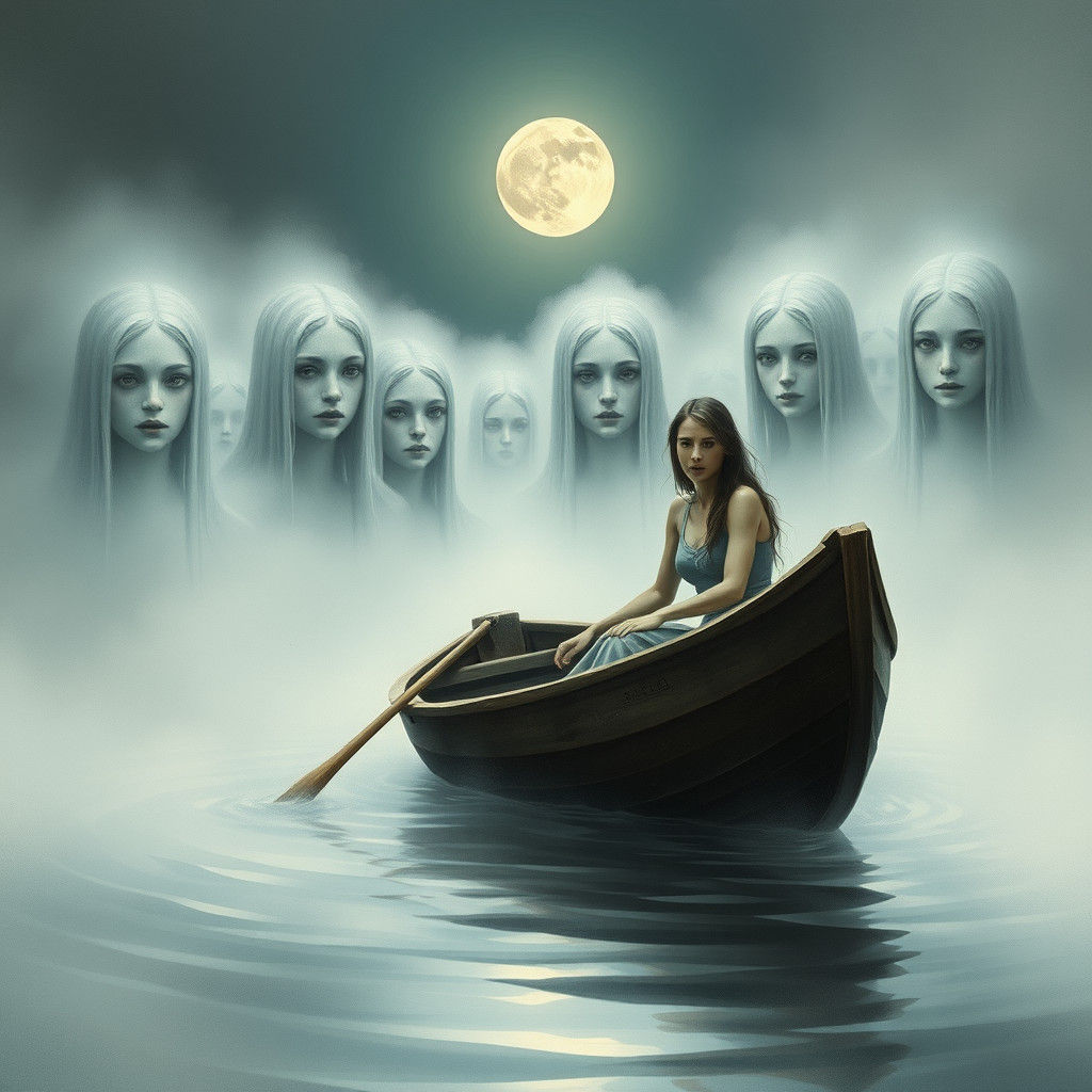 Eerie Lake Scene with Woman in Rowboat