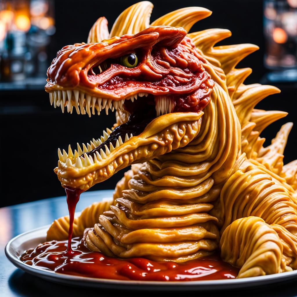 Xenomorph Godzilla Pie: Hyperrealistic Digital Art