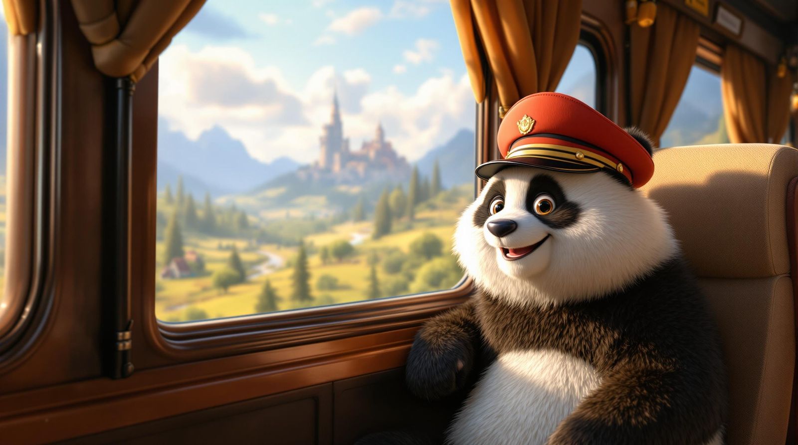 Joyful 3D Panda on a Train