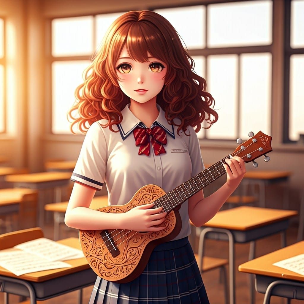 Girl with Ukulele: Hyper-Realistic Anime Classroom Scene