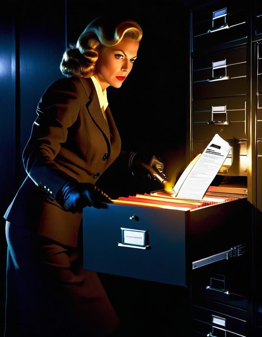 Female Spy Inspecting File Cabinet Drawer
